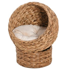 Handwoven Elevated Cat Bed with Soft Cushion & Egg Chair Shape, Basket Bed Kitty House with Stand, Raised Wicker House for Indoor Cats, 23.5" H, Ligh