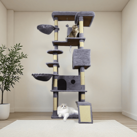 84.6 in Dark Gray Cat Tree Tower with Wide Base, 3 Large Hinding Condo, 11 Sisal Scratching Post, Sisal Scratching Ladder, 2 Hammocks