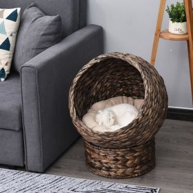Handwoven Elevated Cat Bed with Rotating Basket and Soft Cushion, Wicker Cat Egg Chair with Stand, Brown