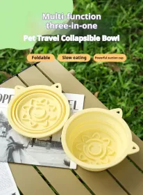 3-in-1 Pet Travel Collapsible Bowl Foldable Slow-Feeder With Strong Suction Cups  Portable Silicone Dog Bowl With Hook For Hanging On Collar-Backpack (Option: Blue-450ml)
