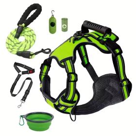 Tactical Service Dog Harness Strap Set, Car Seat Belt, Collapsible Bowl, Biodegradable Trash Bag Set For Dogs (Option: Green-XS)