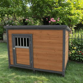 45"large solid wood dog house, waterproof PVC plastic roof, breathable wooden doors (Color: Gray+Yellow)