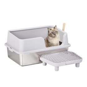 Stainless Steel Cat Litter Box with Lid, Extra Large Litter Pan with High Sides for Big Cats, Kitty Litter Box with Pedal Filter and Scoop, No Odor (Color: as picture)